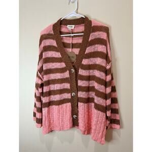 Bibi NWT Sz S Pink Brown Striped Crochet Knit Cardigan Button Boho Coastal
